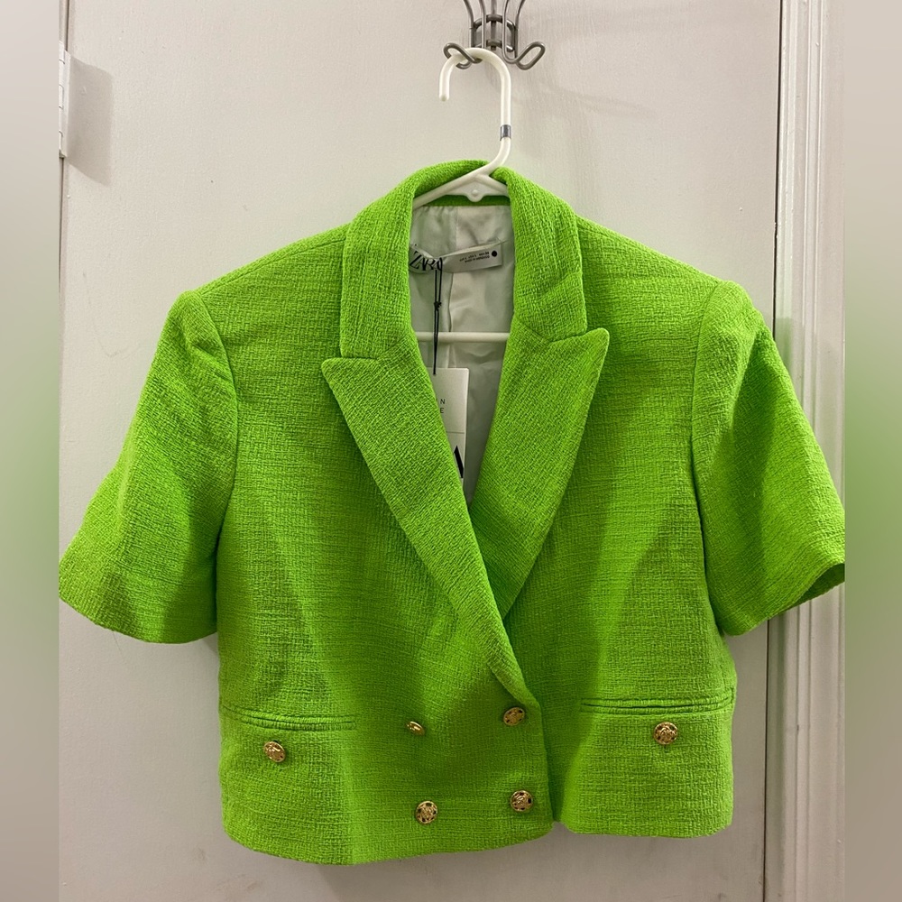 Zara Neon Green Tweed Cropped Blazer